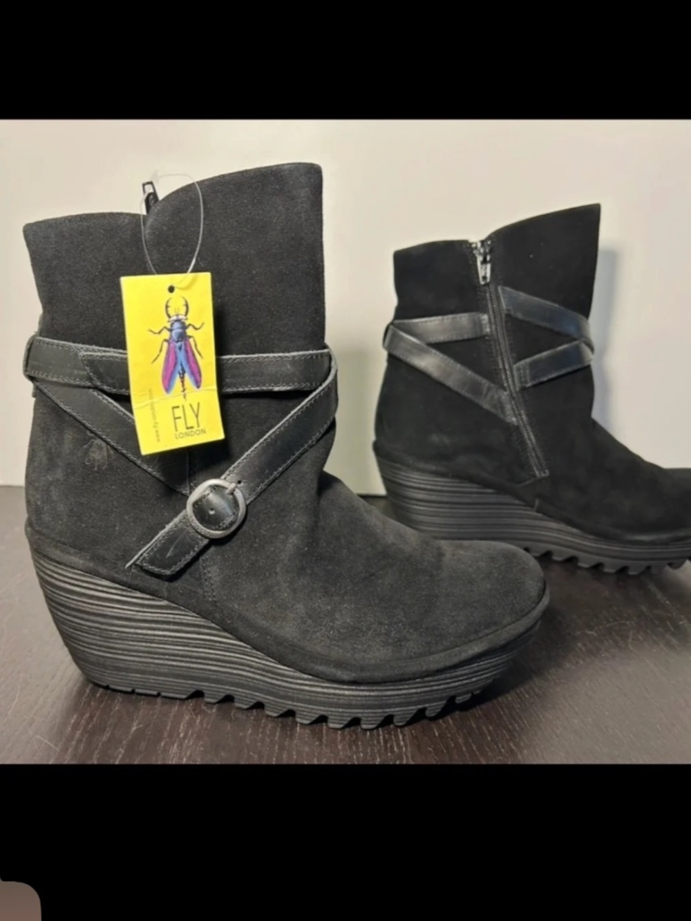 Fly London Yemo Suede Leather Buckle Wedge Boots Black Womans EU 38/US 7.5-8